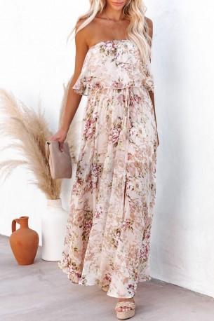 Bež maxi obleka brez naramnic s cvetličnim tiskom Heidi