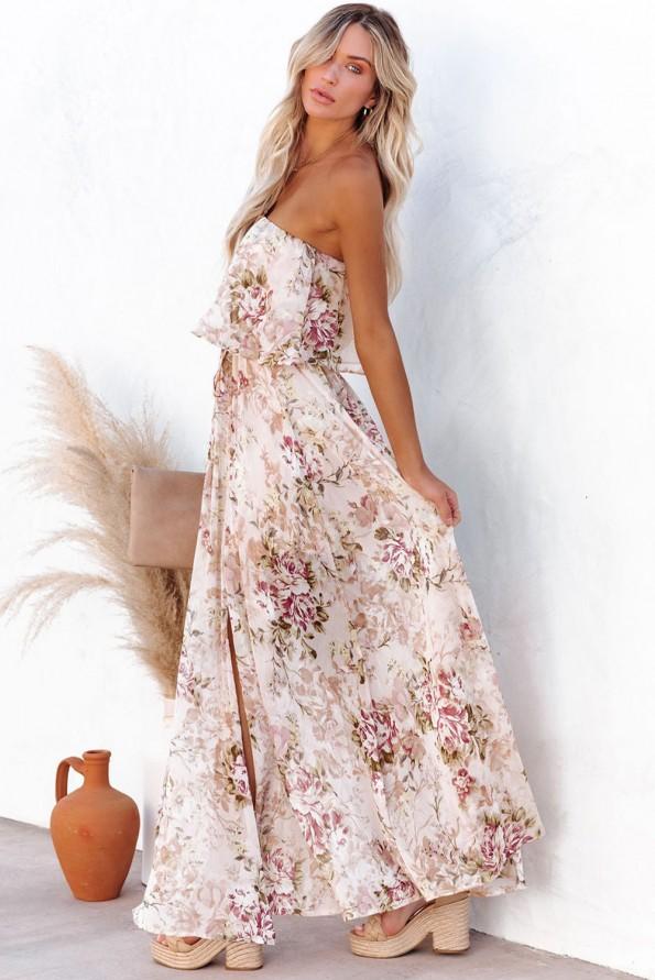 Bež maxi obleka brez naramnic s cvetličnim tiskom Heidi