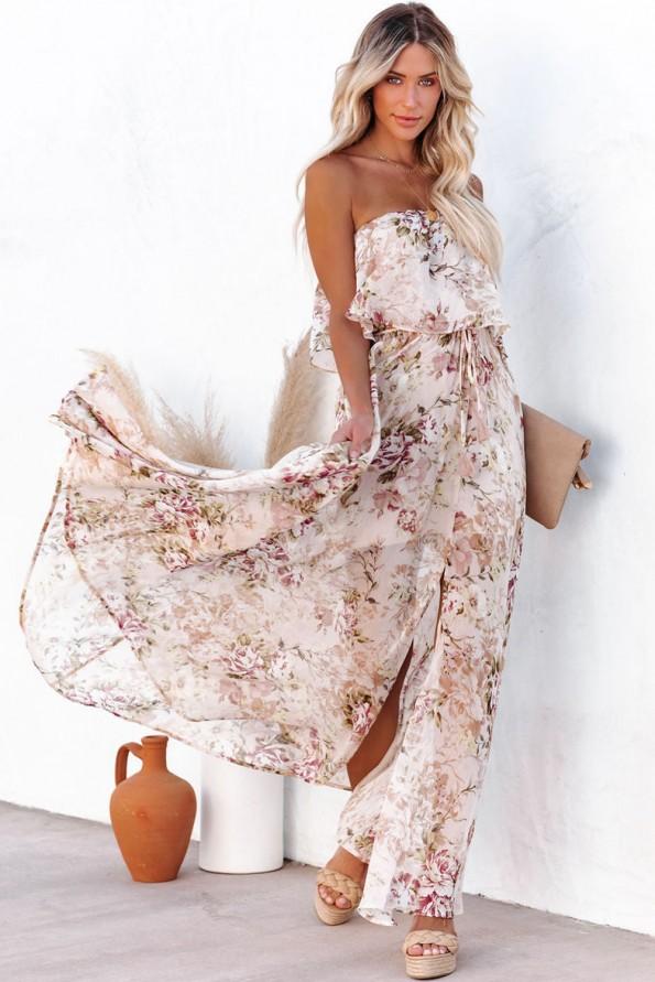 Bež maxi obleka brez naramnic s cvetličnim tiskom Heidi