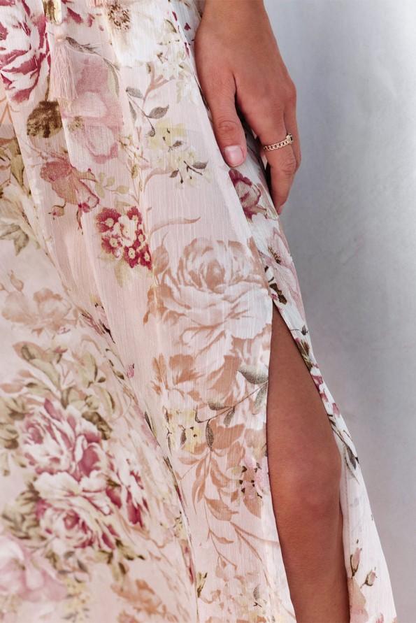 Bež maxi obleka brez naramnic s cvetličnim tiskom Heidi