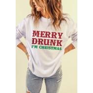 Bel prevelik pulover s potiskom črk MERRY DRUNK