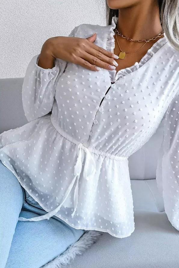 Bela bluza s švicarskimi pikami in vrvicami Sarah