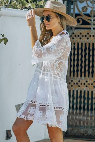 Bela čipkasta prevleka za plažo s poglobljenim V izrezom Fiana