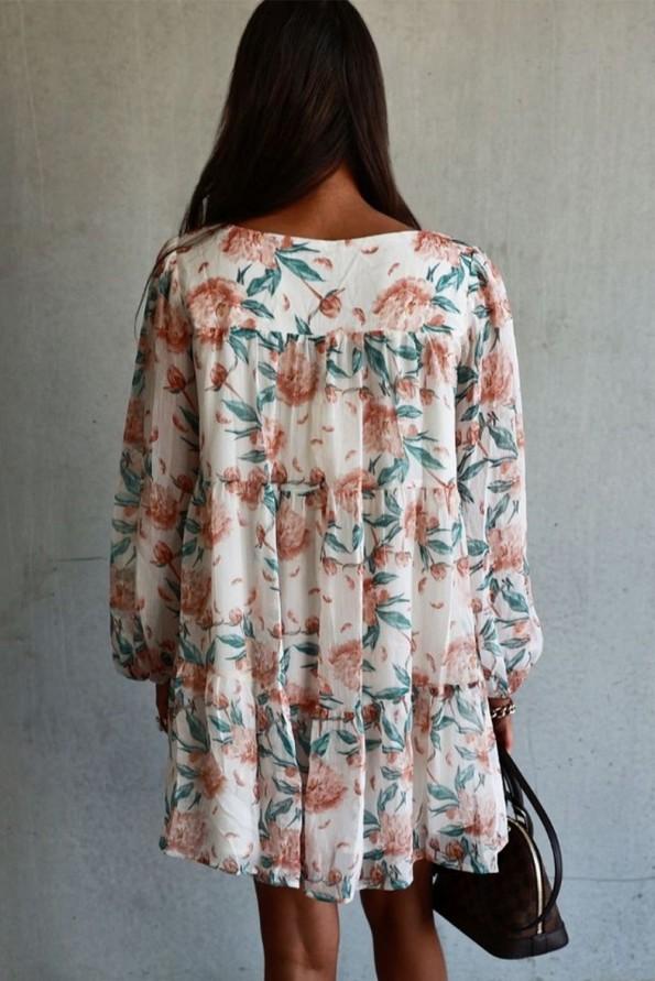 Bela ohlapna obleka z mehurčki in cvetličnim vzorcem Luna