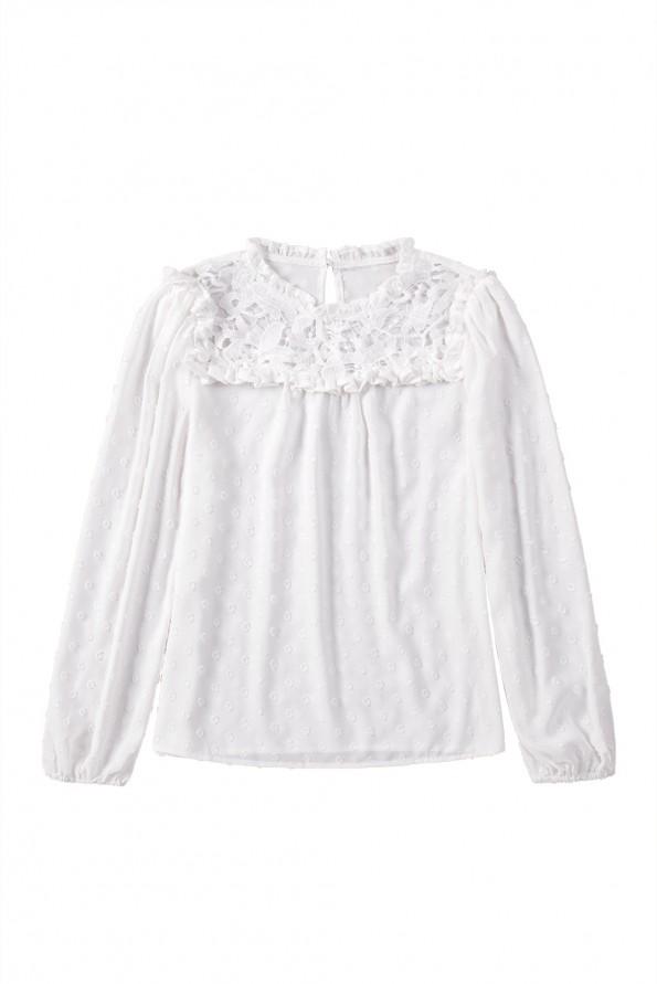 Bela pikčasta bluza s čipkastim izrezom in volančki Gina