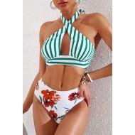 Bikini komplet s črtastim cvetličnim tiskom brez hrbta Isolde
