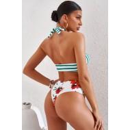 Bikini komplet s črtastim cvetličnim tiskom brez hrbta Isolde