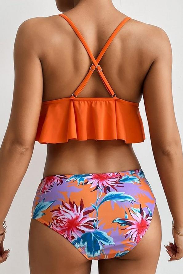 Bikini komplet z oranžnimi cvetličnimi volančki Helene