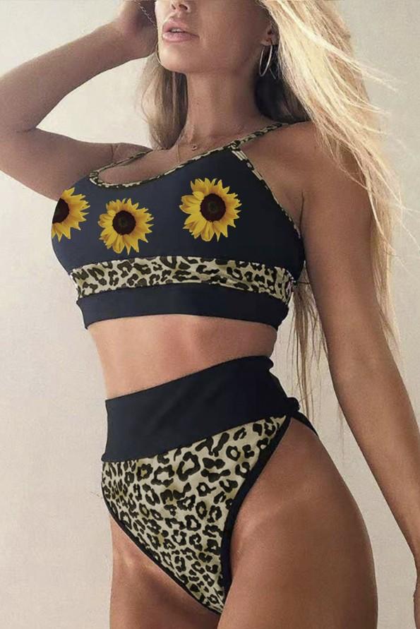 Bikini kopalke s sončničnim leopardovim tiskom z visokim pasom Sunny