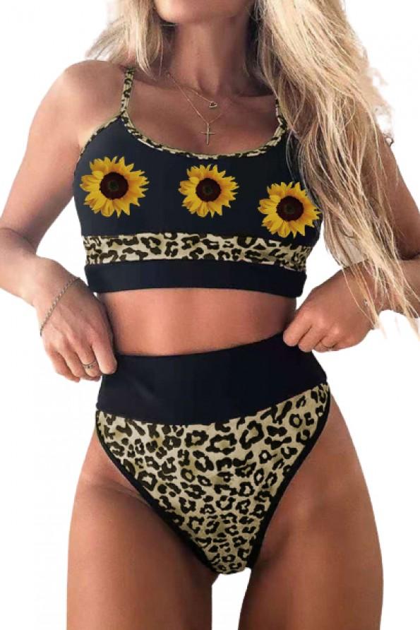 Bikini kopalke s sončničnim leopardovim tiskom z visokim pasom Sunny