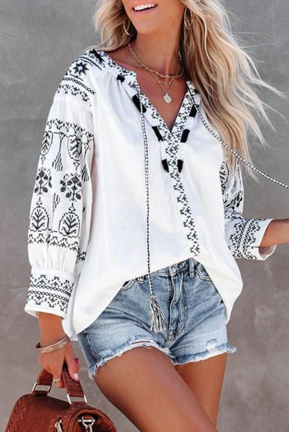 Boho vezena bluza z razcepljenim ovratnikom Margarete