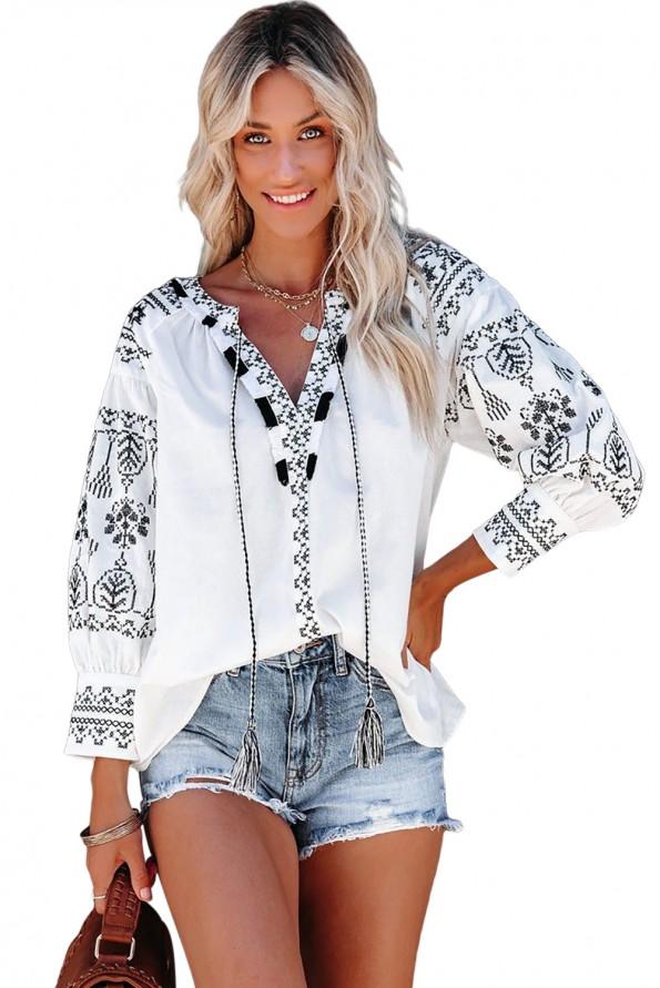 Boho vezena bluza z razcepljenim ovratnikom Margarete