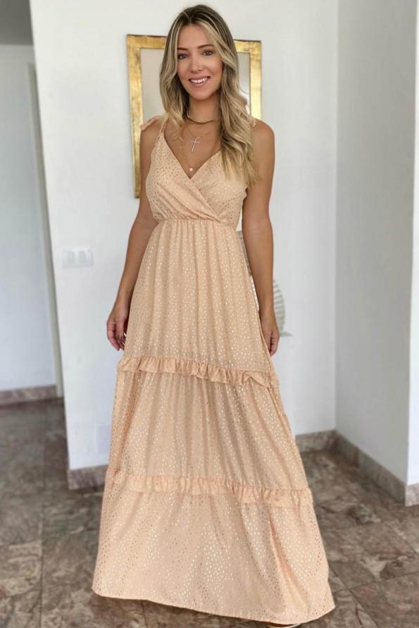 Dolga obleka brez rokavov s kaki pikčastim tiskom z naborki  in s čipkami Ivy