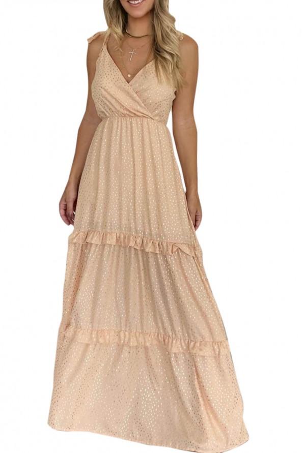 Dolga obleka brez rokavov s kaki pikčastim tiskom z naborki  in s čipkami Ivy