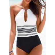 Enodelne belo črne kopalke s  črtami brez hrbta Zanna