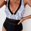 Enodelne kopalke s črnim cvetnim leopard mrežastim patchwork V izrezom iris