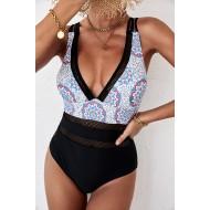 Enodelne kopalke s črnim cvetnim leopard mrežastim patchwork V izrezom iris
