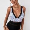 Enodelne kopalke s črnim cvetnim leopard mrežastim patchwork V izrezom iris