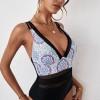 Enodelne kopalke s črnim cvetnim leopard mrežastim patchwork V izrezom iris