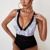 Enodelne kopalke s črnim cvetnim leopard mrežastim patchwork V izrezom iris