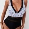 Enodelne kopalke s črnim cvetnim leopard mrežastim patchwork V izrezom iris