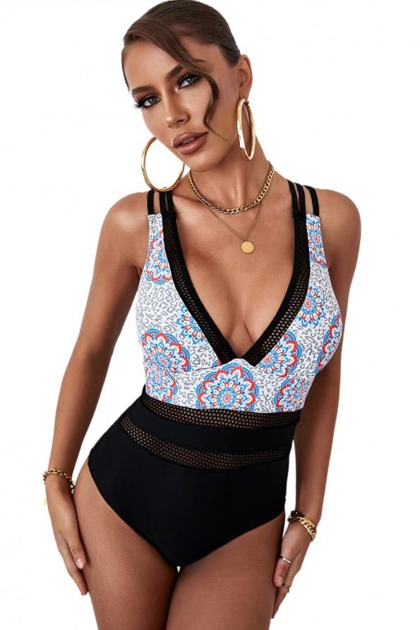 Enodelne kopalke s črnim cvetnim leopard mrežastim patchwork V izrezom iris