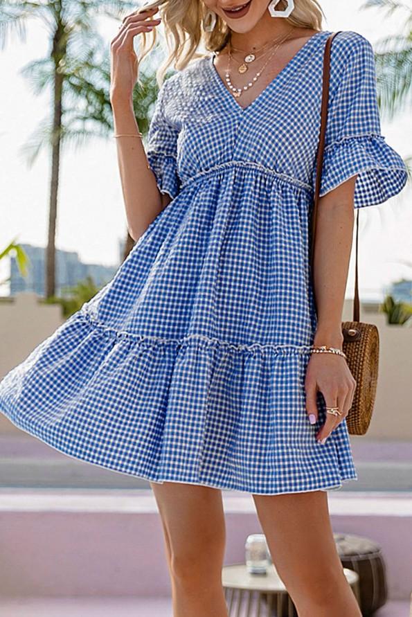 Karirana plava obleka z V izrezom Morgan