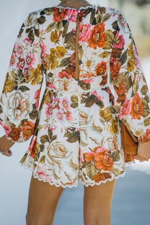 Kombinezon s čipkastimi okraski z V izrezom s cvetličnim potiskom Nina