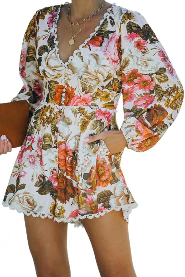 Kombinezon s čipkastimi okraski z V izrezom s cvetličnim potiskom Nina