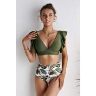 Komplet bikinijev z zelenim cvetličnim robom z visokim pasom Maya