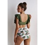Komplet bikinijev z zelenim cvetličnim robom z visokim pasom Maya