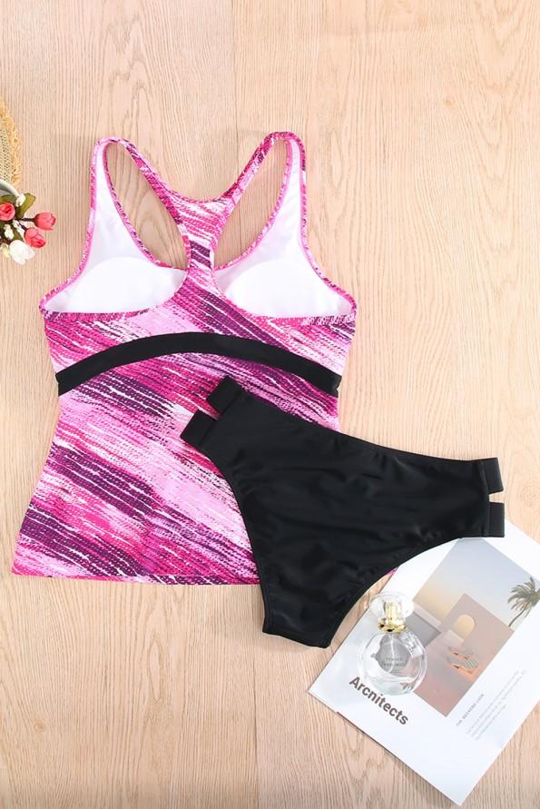 Komplet tankini brez rokavov z abstraktnim tiskom Rose