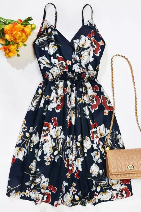 Kratka obleka brez rokavov z modrim cvetličnim tiskom in V izrezom Sunny