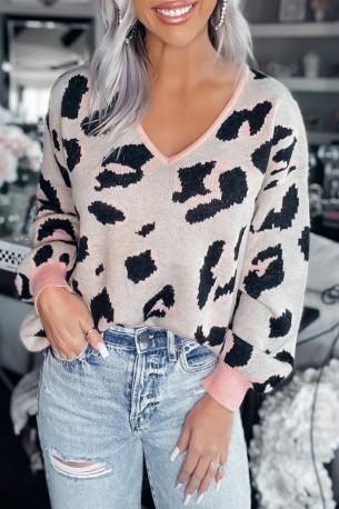 Leopard pulover z V-izrezom in kontrastnim prirezom Ginna