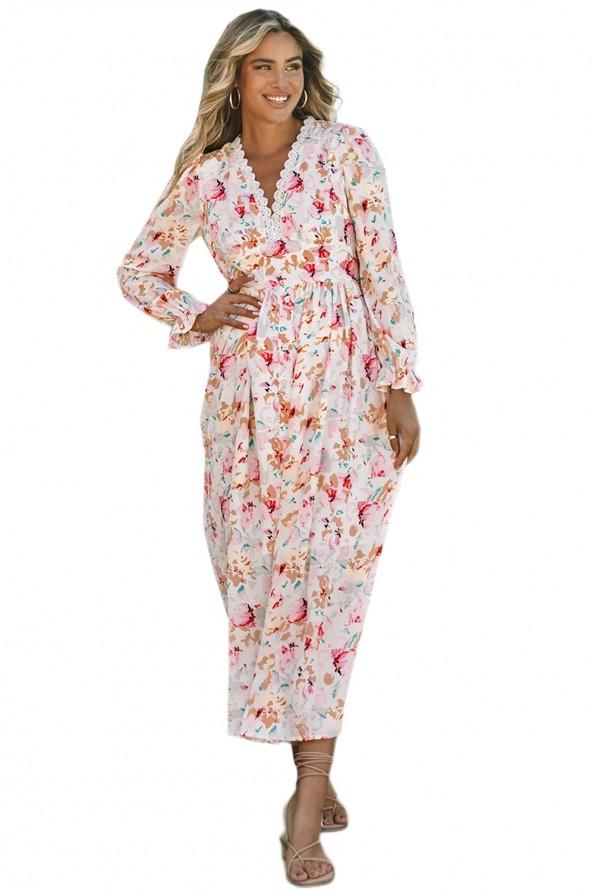 Maxi obleka s cvetličnim izrezom na hrbtni strani iz roza čipke Savannah