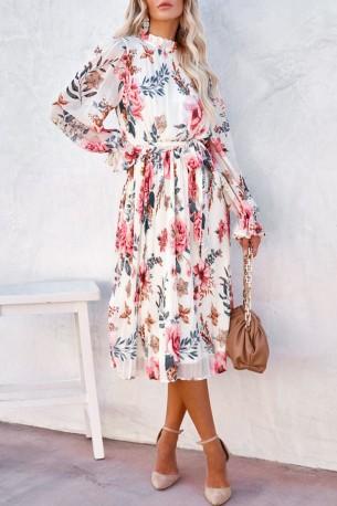 Midi obleka z napihnjenimi rokavi in cvetličnim potiskom Marie