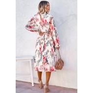 Midi obleka z napihnjenimi rokavi in cvetličnim potiskom Marie