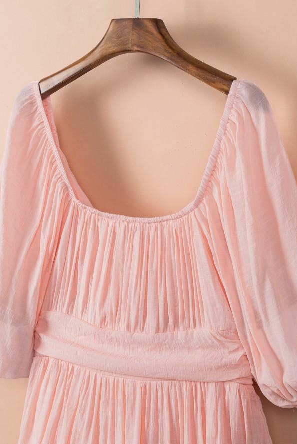 Mini obleka s kvadratnim izrezom z naborki z visokim pasom Ulla