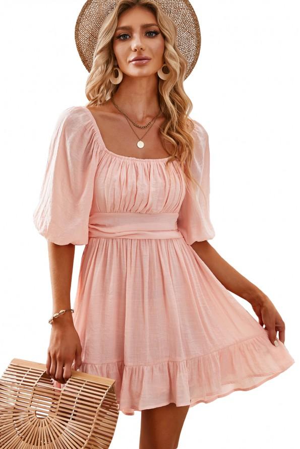 Mini obleka s kvadratnim izrezom z naborki z visokim pasom Ulla