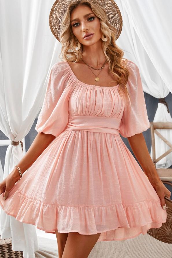 Mini obleka s kvadratnim izrezom z naborki z visokim pasom Ulla