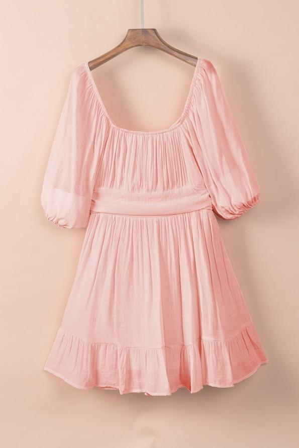 Mini obleka s kvadratnim izrezom z naborki z visokim pasom Ulla