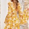 Mini obleka z rumeni zvončastimi rokavi s cvetličnim tiskom Yelow