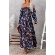 Modra cvetlična obleka z odprtimi rameni Aulaya