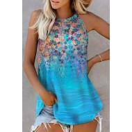 Modra majica brez rokavov s cvetličnim potiskom Tana