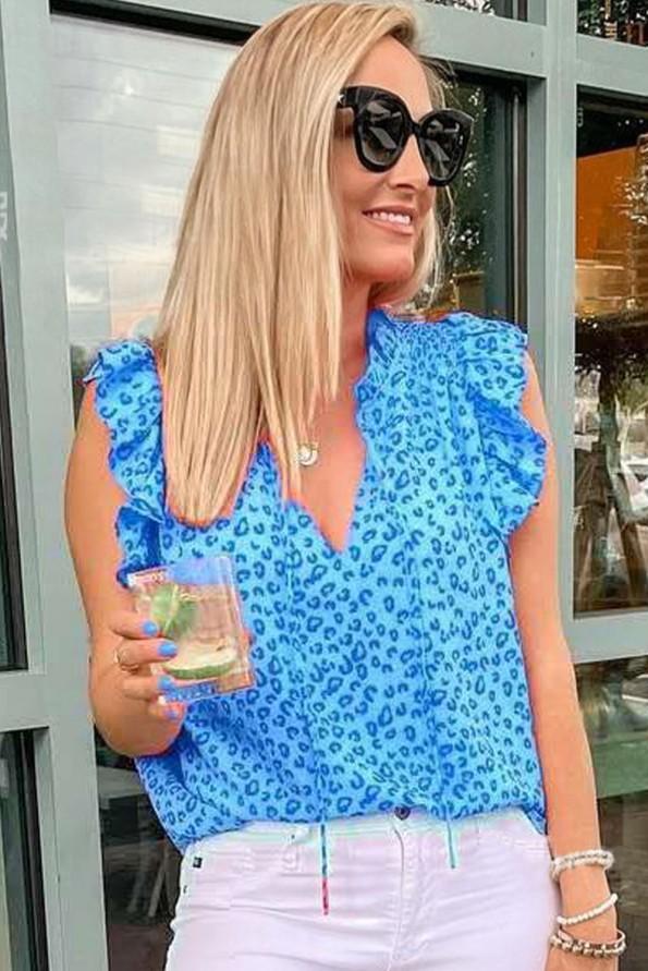 Modra majica z naborki v obliki leoparda z V izrezom Freya