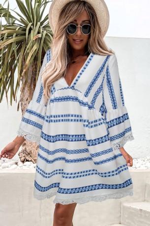 Modra ohlapna obleka s čipkastimi šivi v starinskem izrezu Klavia