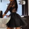 Mrežasta čipkasta črna  mini obleka z dolgimi rokavi z visokim pasom Genevieve
