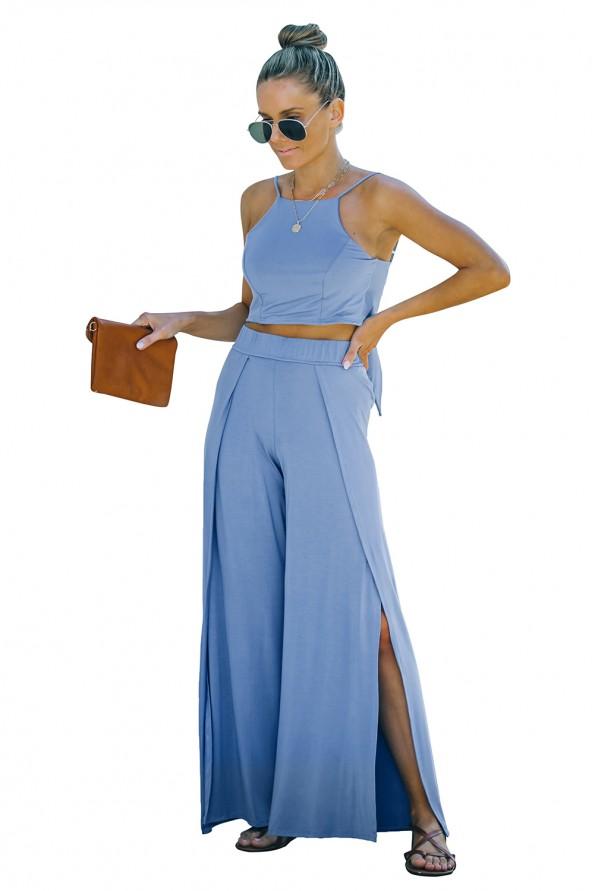 Nebeško modra majica brez hrbta in komplet hlač z visokim pasom Elizabeth