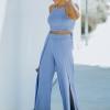 Nebeško modra majica brez hrbta in komplet hlač z visokim pasom Elizabeth