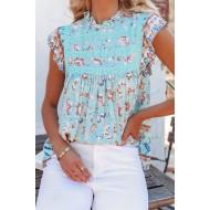 Nebeško modra majica brez rokavov z okraski in z okroglim izrezom s cvetličnim potiskom Marion